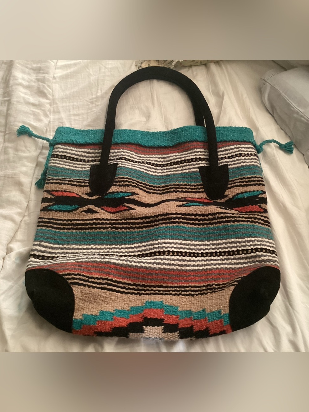 Woven Aztec-Pattern Tote Bag in Teal, Tan & Black